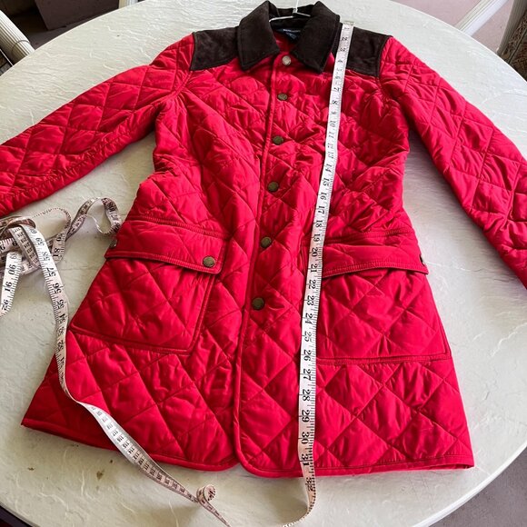 Ralph Lauren Red Quilted Calf Suede Trim Mid Length Barn Jacket Girls Size 12 - Picture 4 of 10